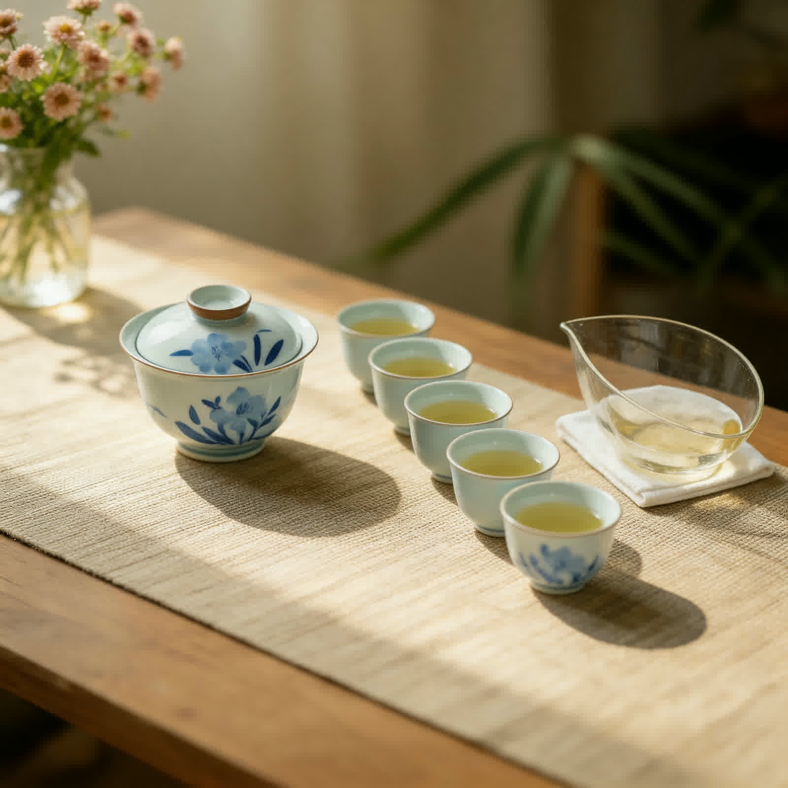 Hand-painted blue and white gaiwan tea set with teacups and glass fairness cup on a linen tea table