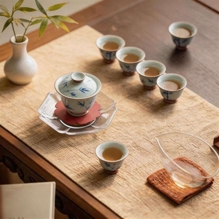 Blue and white porcelain tea set with bamboo pattern and gift-ready presentation on a warm wooden table