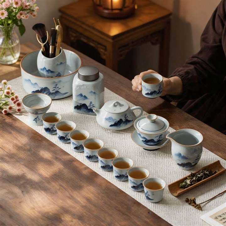 Blue and white gongfu tea set arranged with small cups on a compact tea surface