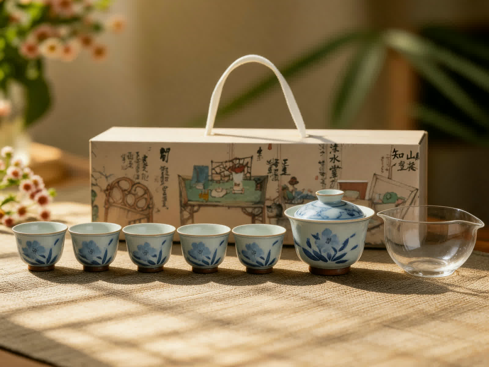 Hand-painted blue and white porcelain gaiwan tea set with coordinated cups and gift box