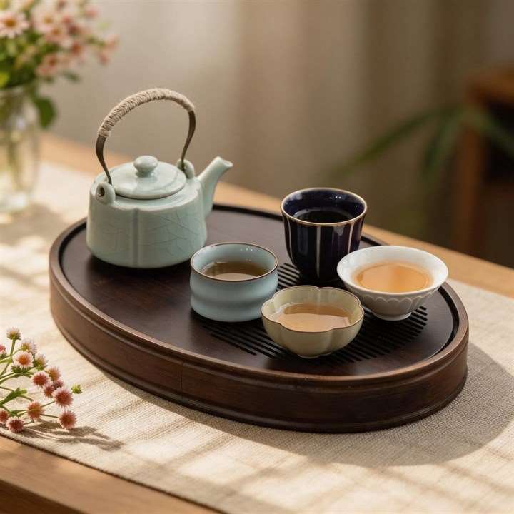 Ru kiln style gongfu tea set with soft blue-green glaze arranged on a tea table