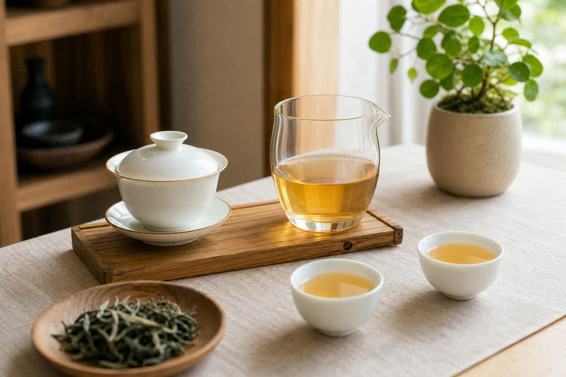 Clear glass fairness pitcher with gaiwan and cups for Gongfu tea