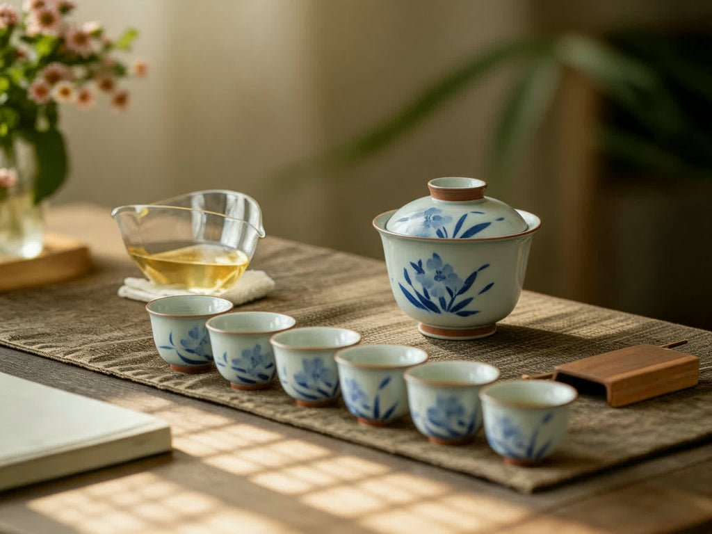Hand-Painted Blue and White Gaiwan Tea Set