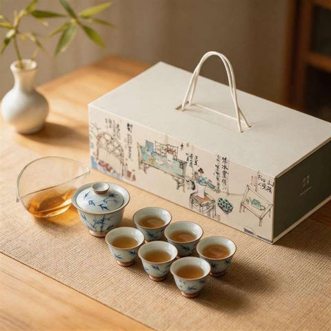 Blue and White Bamboo Tea Set