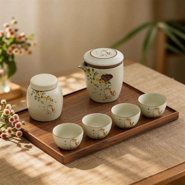 Cat Floral Ru Kiln Tea Set