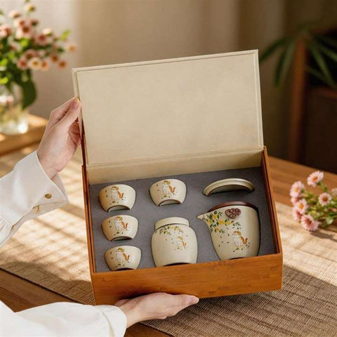 Cat Floral Ru Kiln Tea Set