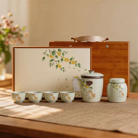 Cat Floral Ru Kiln Tea Set