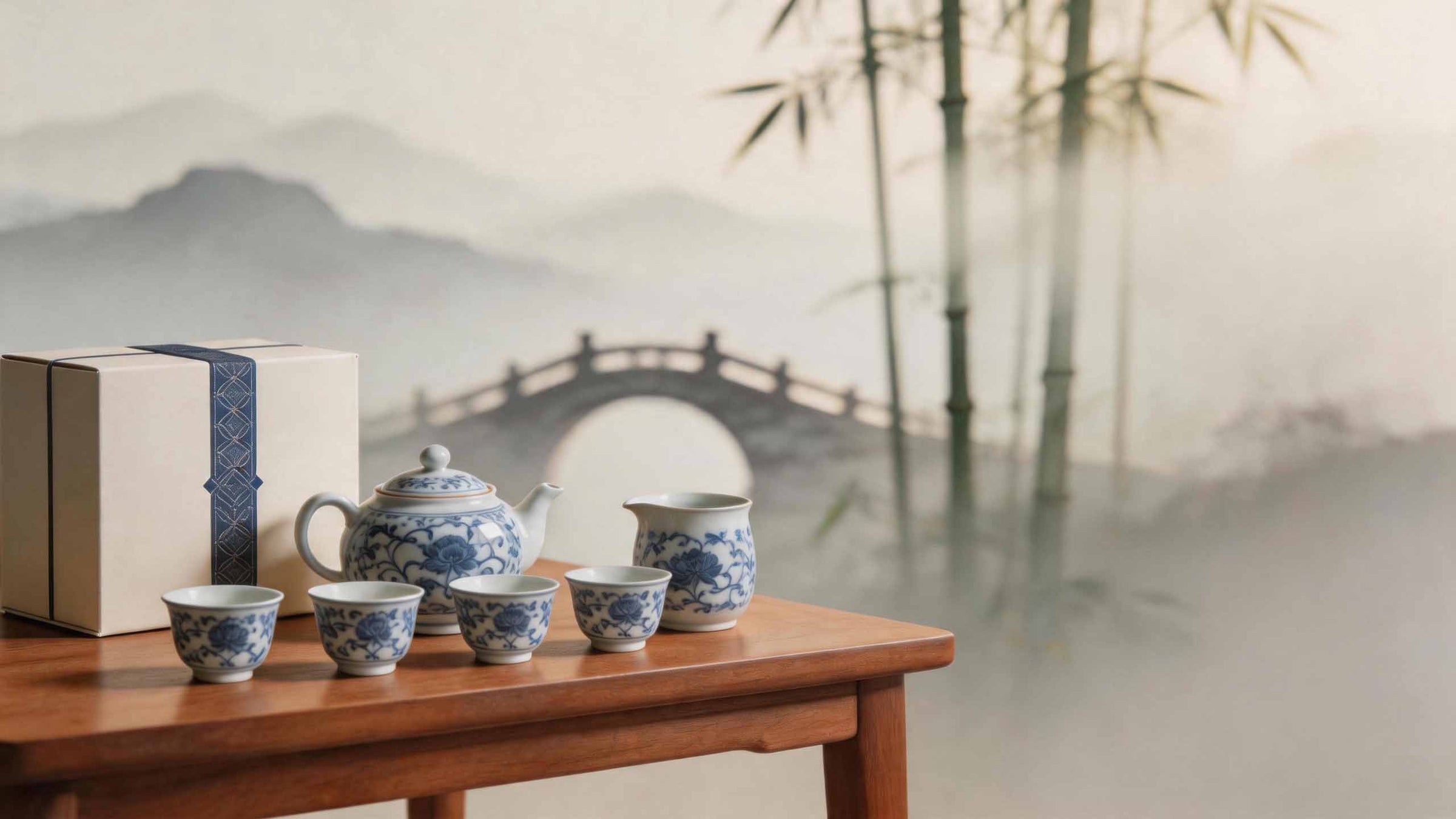 Chinese tea set arranged on a natural tea table